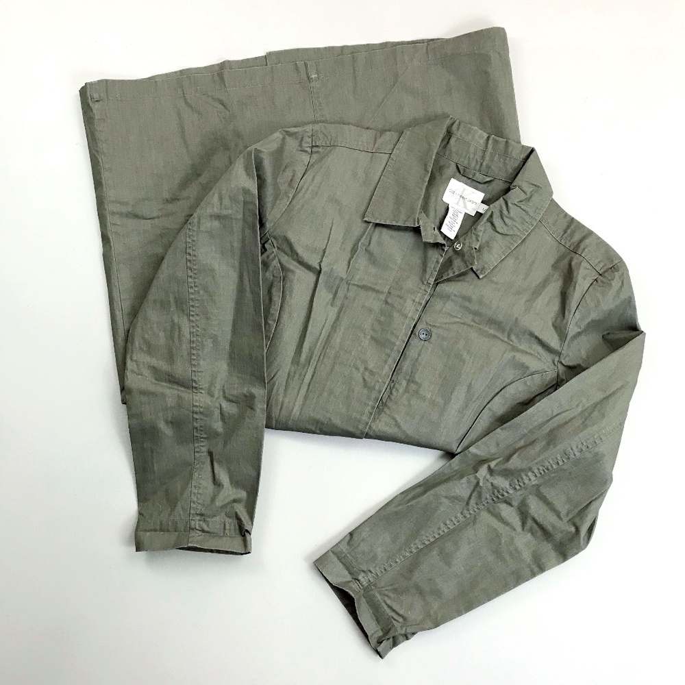 CALVIN KLEIN Trench Coat Large Hidden Buttons Taupe Mid Length Waxed Cotton Feel